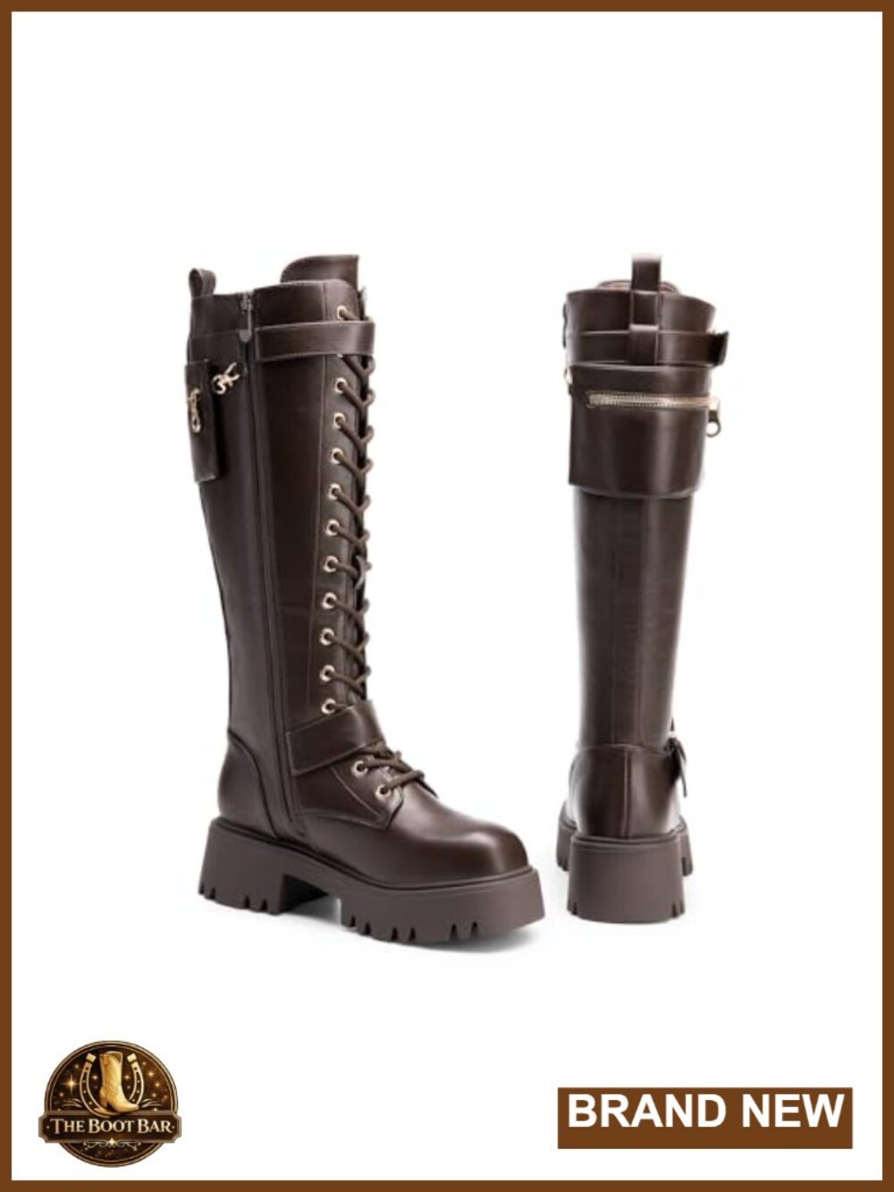 Knee High Platform Combat Boots Faux Leather Lace Up - Picture 4 of 6